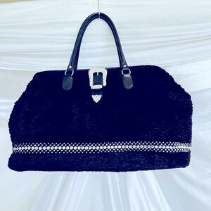 Raviani Black Leather, Crushed Velvet, Swarovski Crystal Embellished Duffle Bag